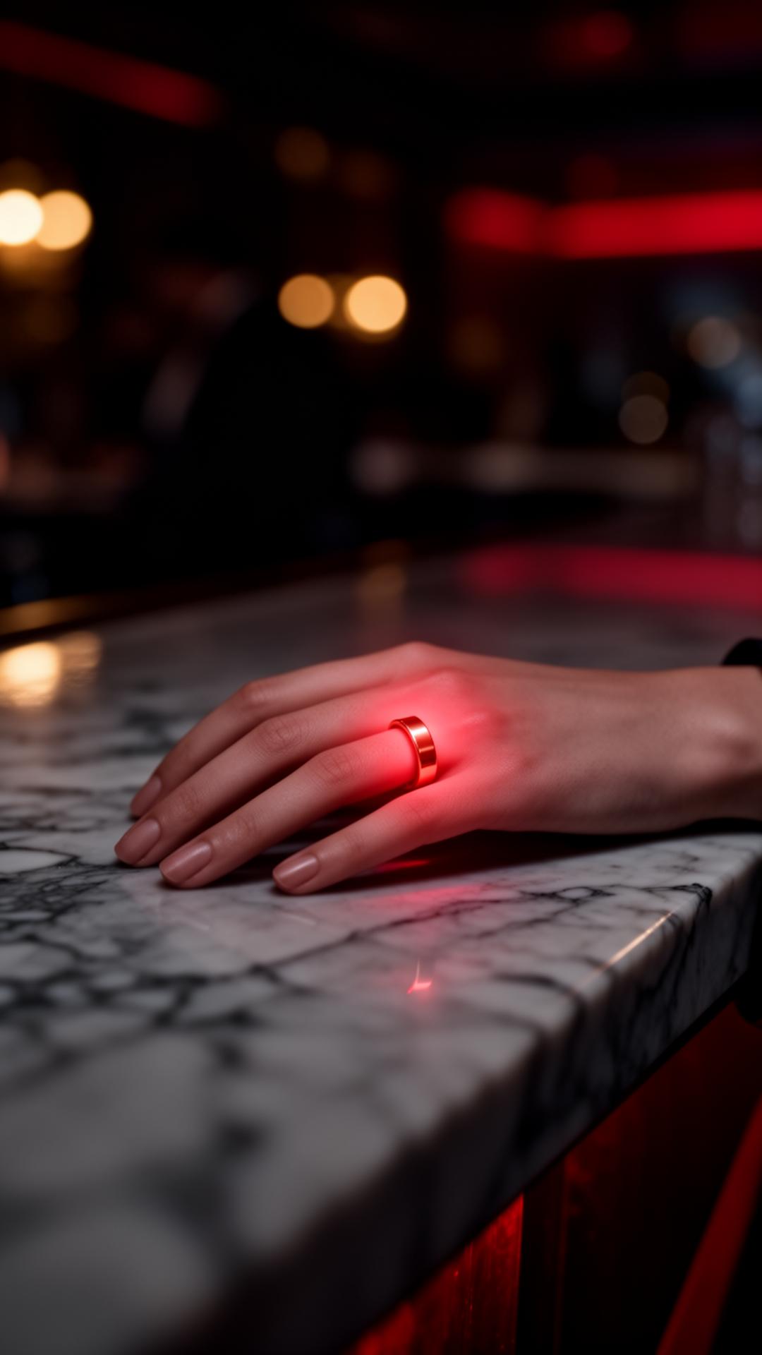 Hand wearing the HALO ring glowing softly red at a nightclub bar